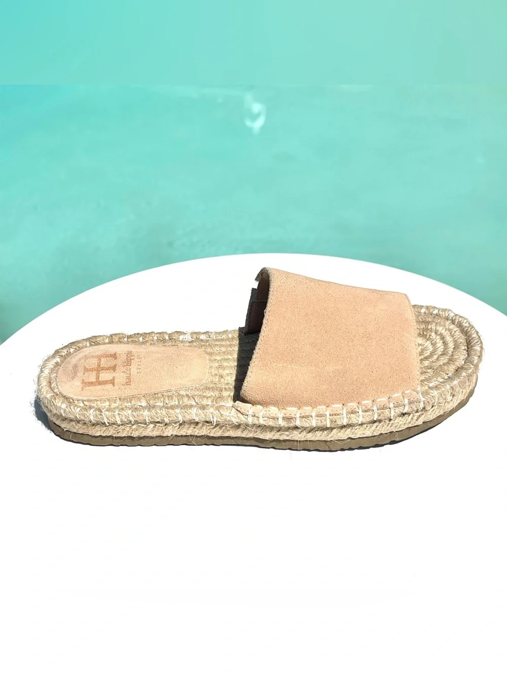 HAUTE HIPPIE Tan Suede Espadrille Slike Sandals Woven Rope Sole Size 7M